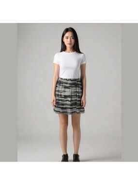 Calvin Klein Black Gray Pleated Panelled Flowy A-line Skirt Abstract Print Sz L
